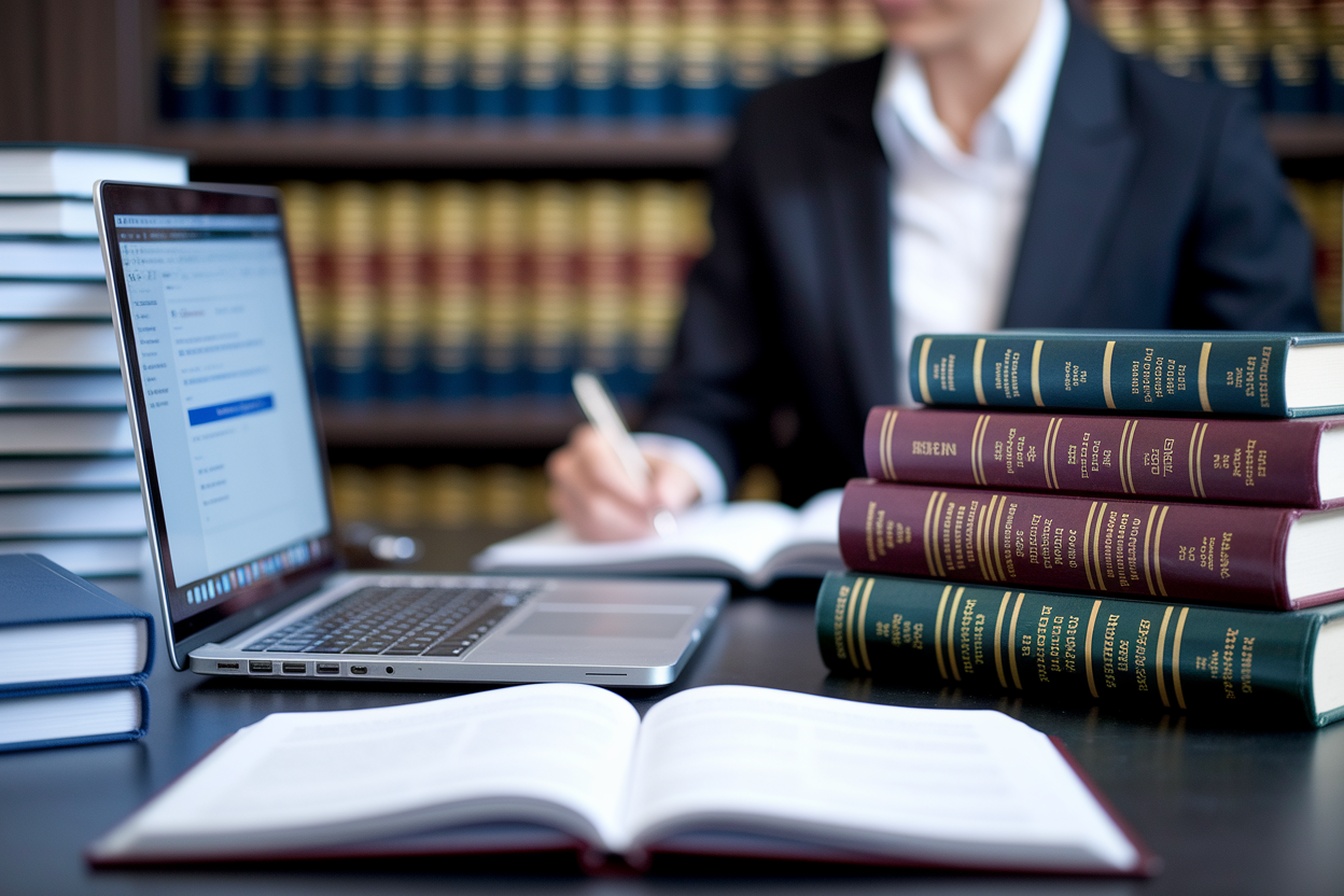 bureau-ordinateur-livres-juridiques-personne-floue