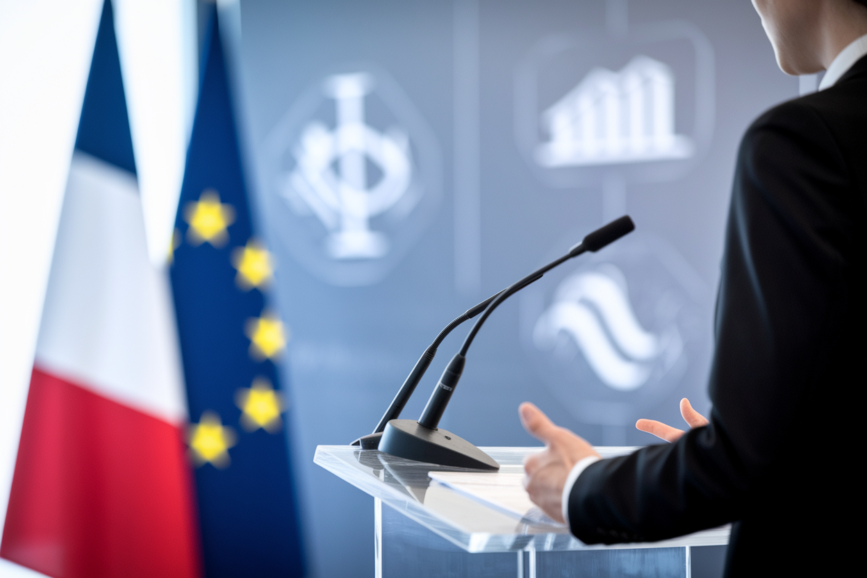 personne-formelle-podium-drapeau-flou