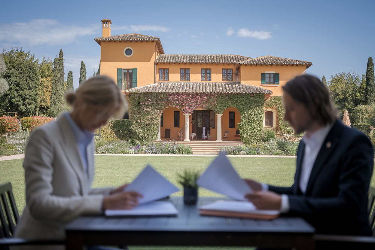 villa-espagnole-jardin-couple-documents