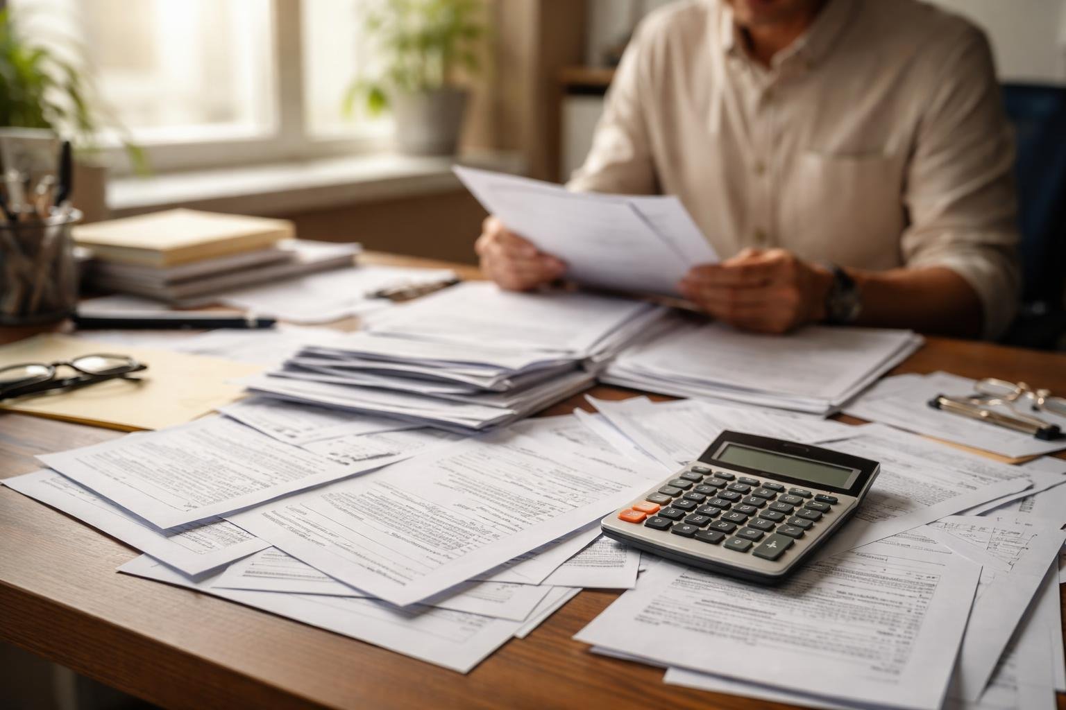 bureau-papiers-calculatrice-personne-floue