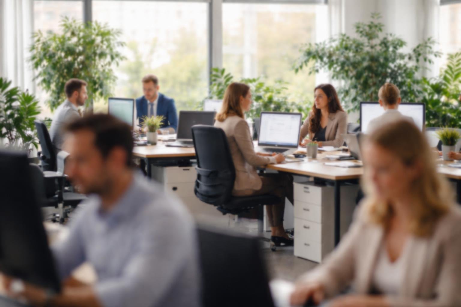bureau-personnes-ordinateurs-plantes-éclairage