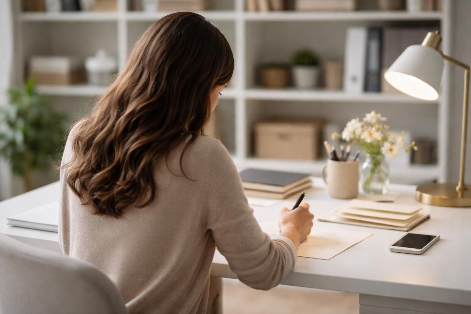 femme-assise-bureau-etageres-floues