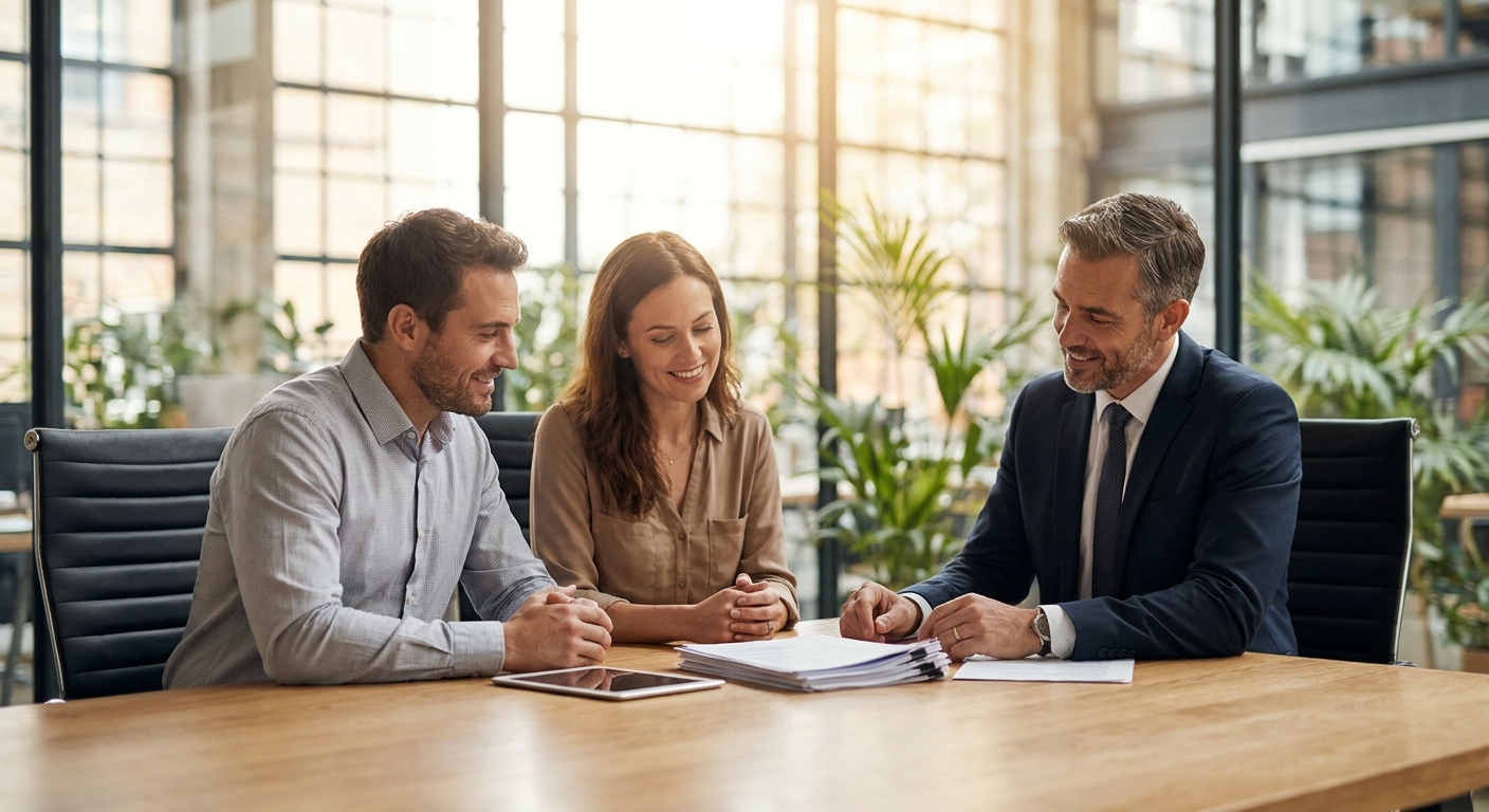 couple en discussion avec un avocat autour d'une table pour un divorce à l'amiable