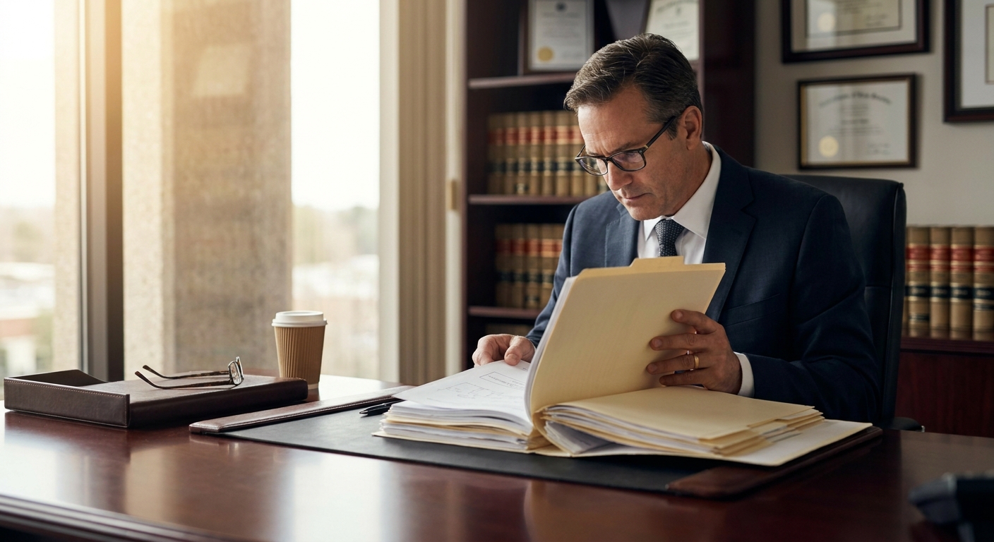 avocat spécialisé en dommages corporels consultant un dossier de victime dans son cabinet