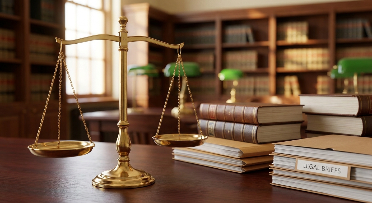balance de la justice posée sur un bureau avec des documents juridiques liés à l'indemnisation des victimes