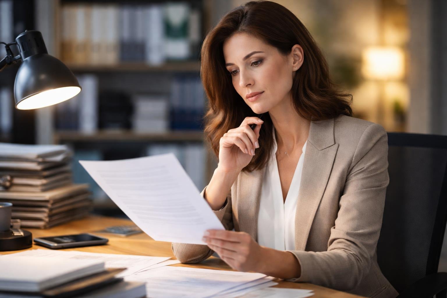 personne-tenue-bureau-document-reflechie