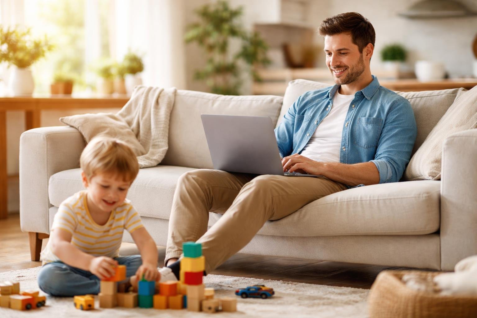 parent-detendu-salon-enfant-jouant