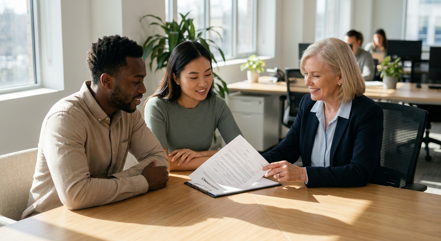couple consultant des documents d'assurance emprunteur sur une table avec un conseiller financier